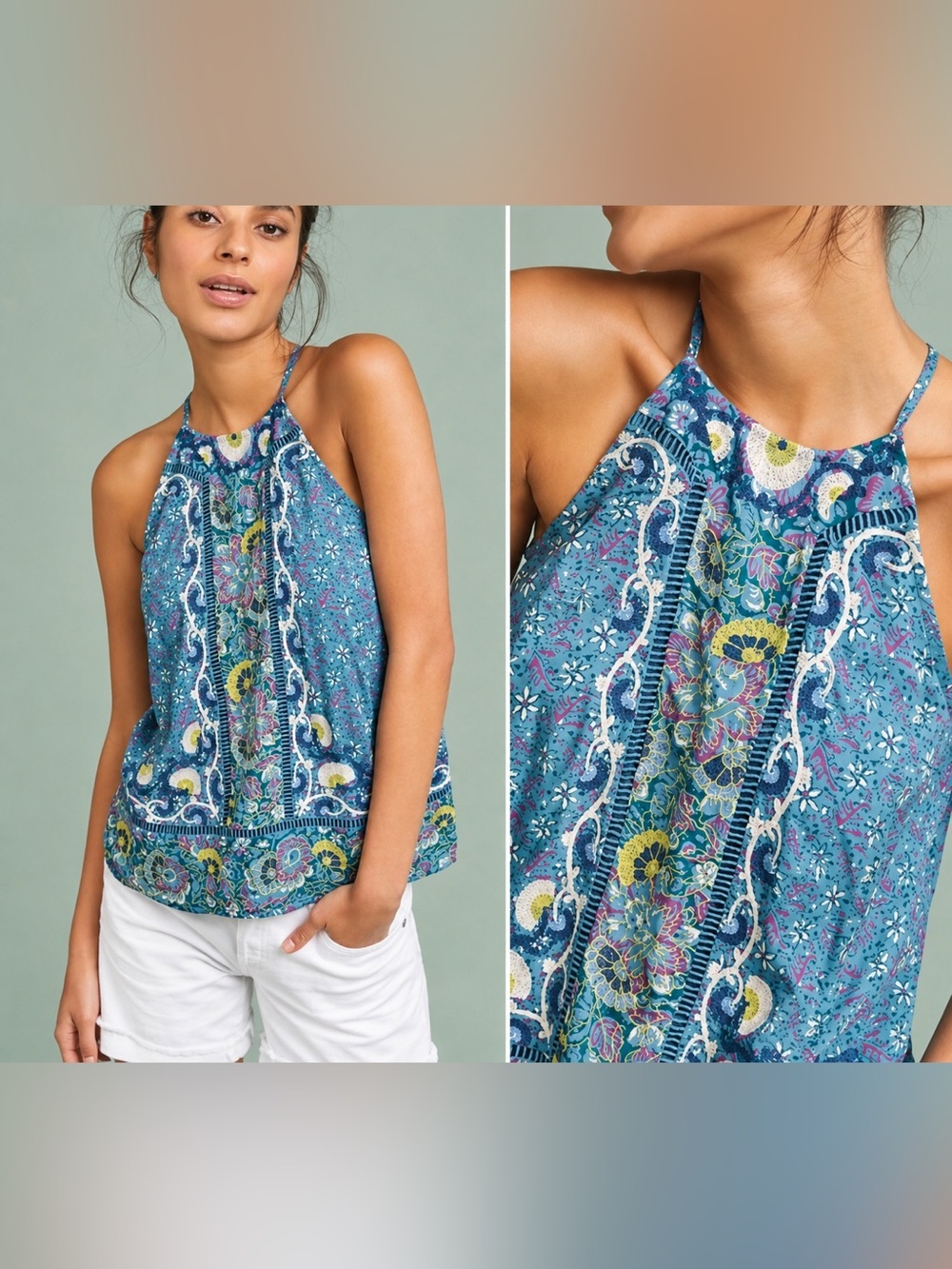 Anthropology Akemi + Kim blue embroidered halter top, size 14